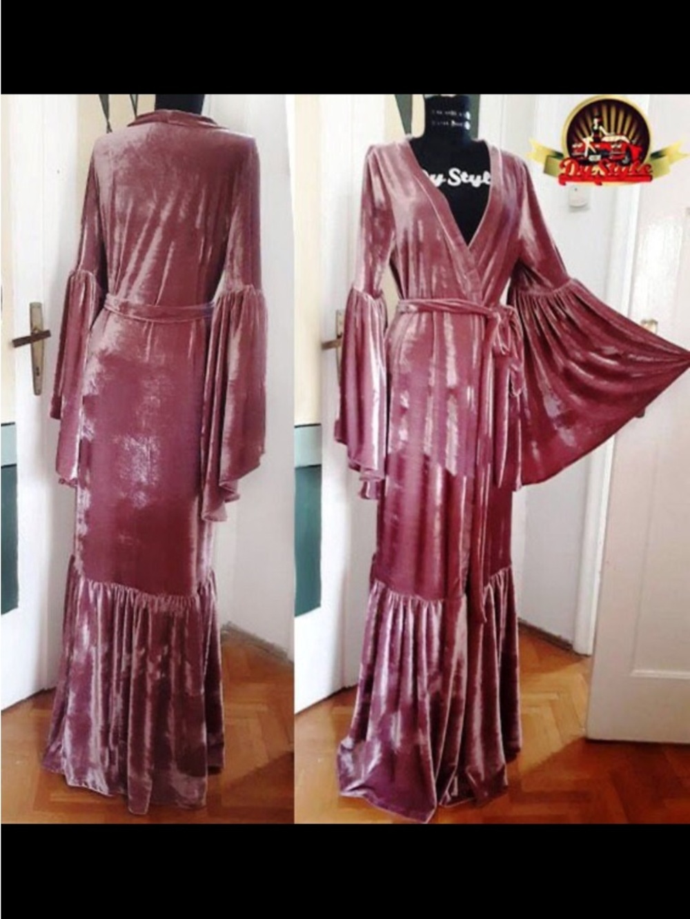 Custom Velvet Wrap dressing gown with Bell Sleeves - Dusty Rose